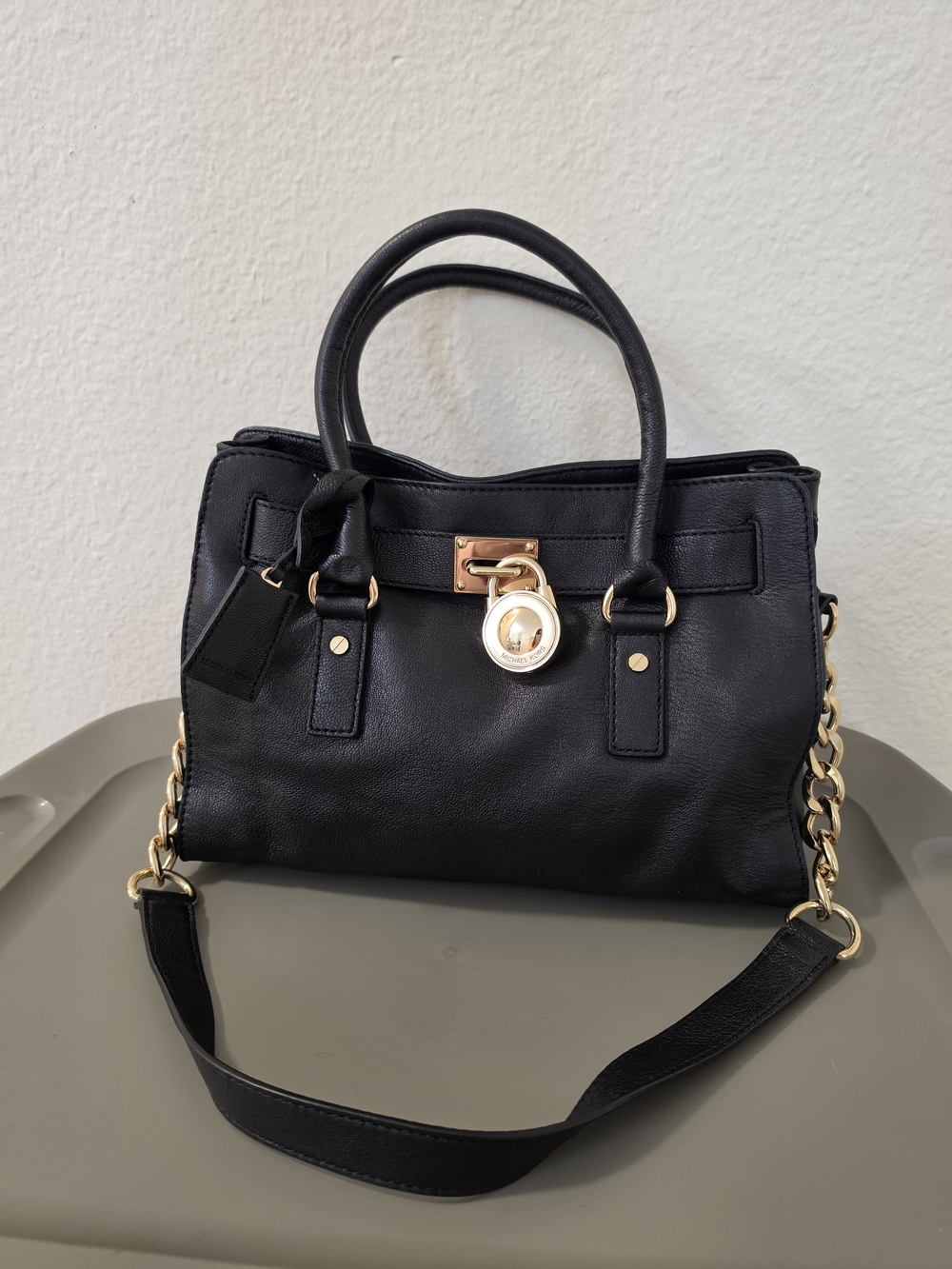 Michael Kors Black Satchel with Gold Chain and Lock Accent